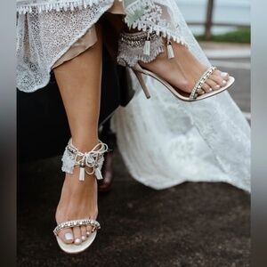 Badgley Mischka Katrina Embellished Satin High Heel Wedding Sandal NEW U…